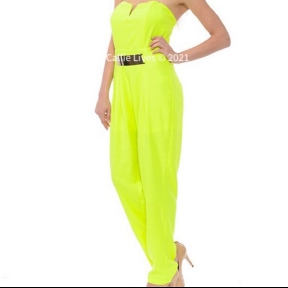 Stasia gold-plated bright neon lemon lime strapless gold buckle jumpsuit - Picture 4 of 4
